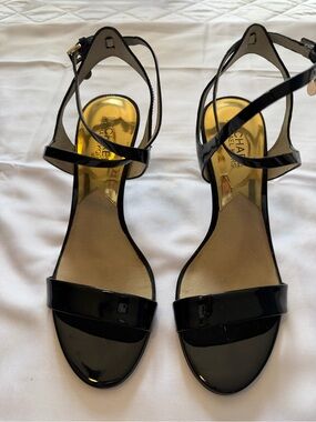 Michael Kors Black Patent Leather Strappy Sandals with Gold Insole